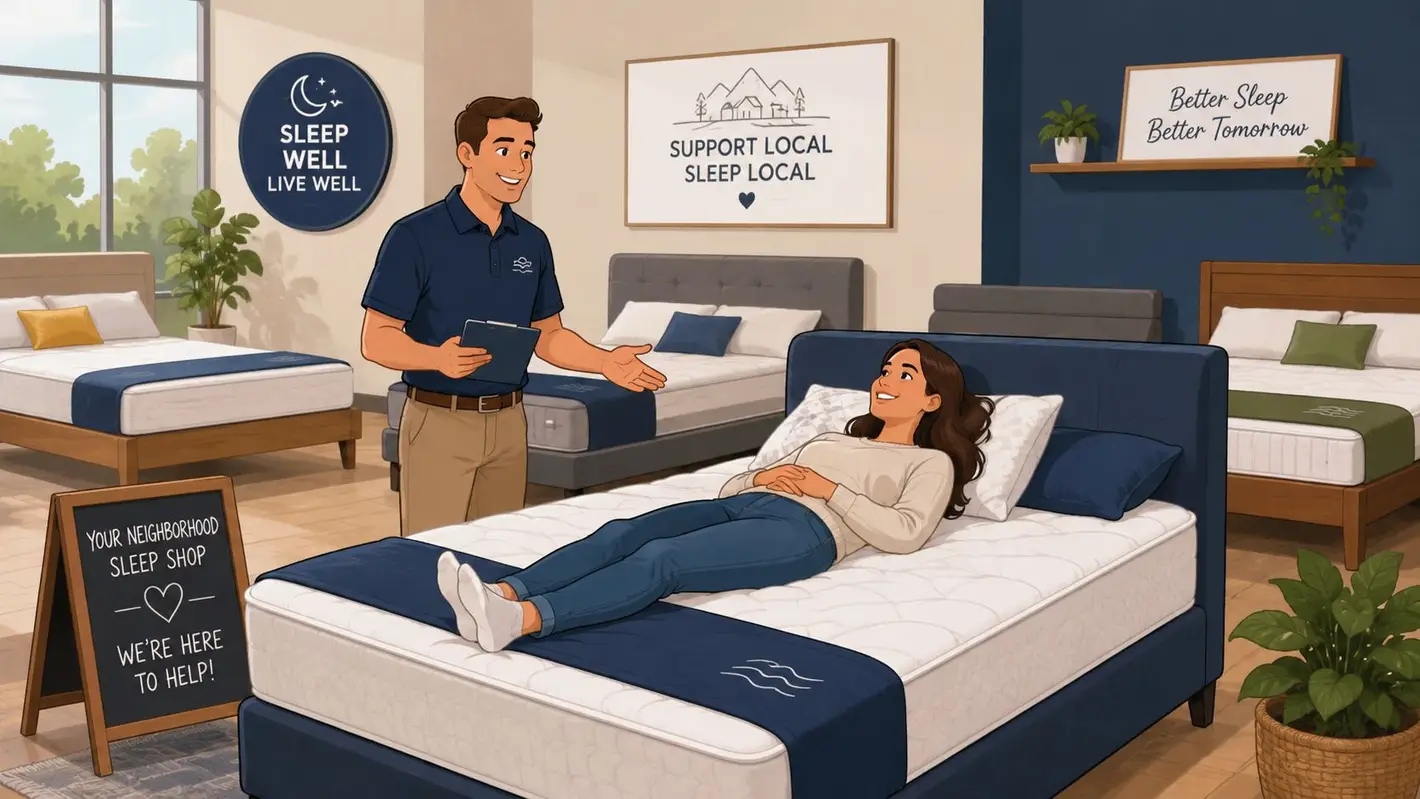 A friendly salesperson helps a woman test a comfortable mattress at a local sleep shop store.