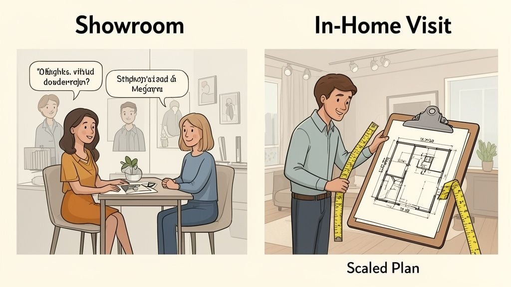 Visual of interior design services, showing a showroom consultation and an in-home visit with a scaled plan.