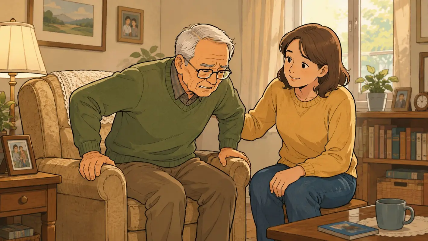 A caring young woman supports an elderly man who is struggling to stand up from his armchair.