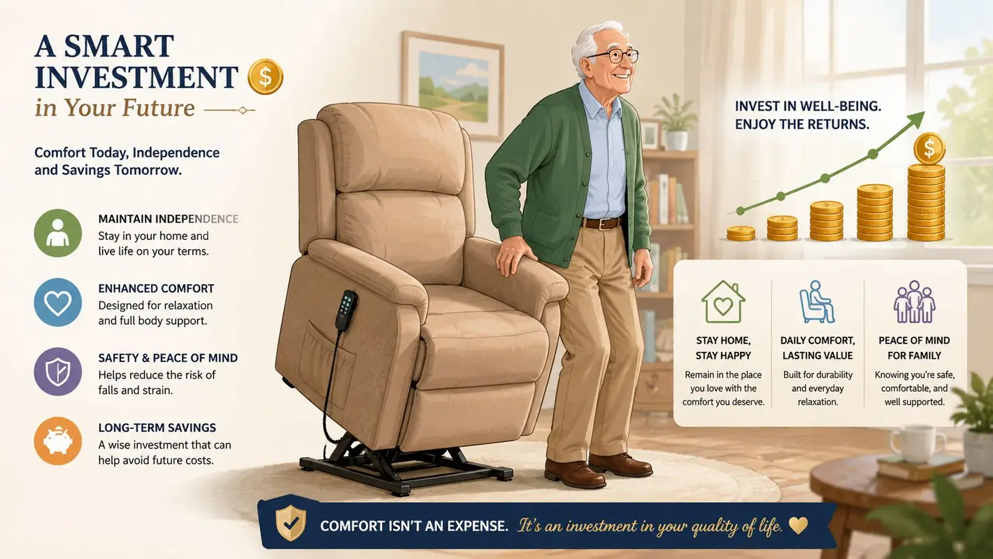 An elderly man standing comfortably next to a tan lift chair in a brightly lit living room.