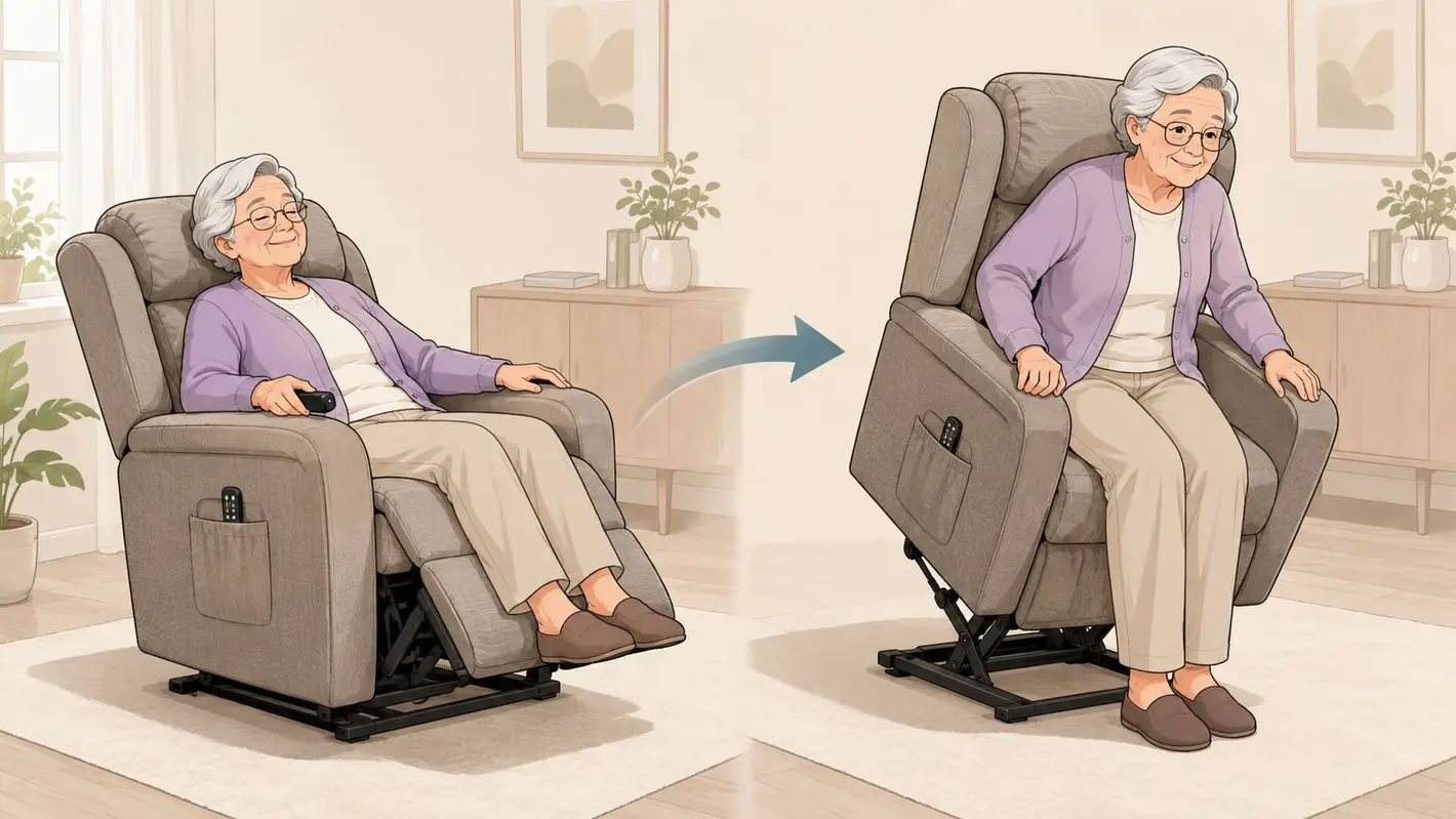 An elderly woman demonstrates how a motorized lift chair transitions from a reclined position to a standing position.