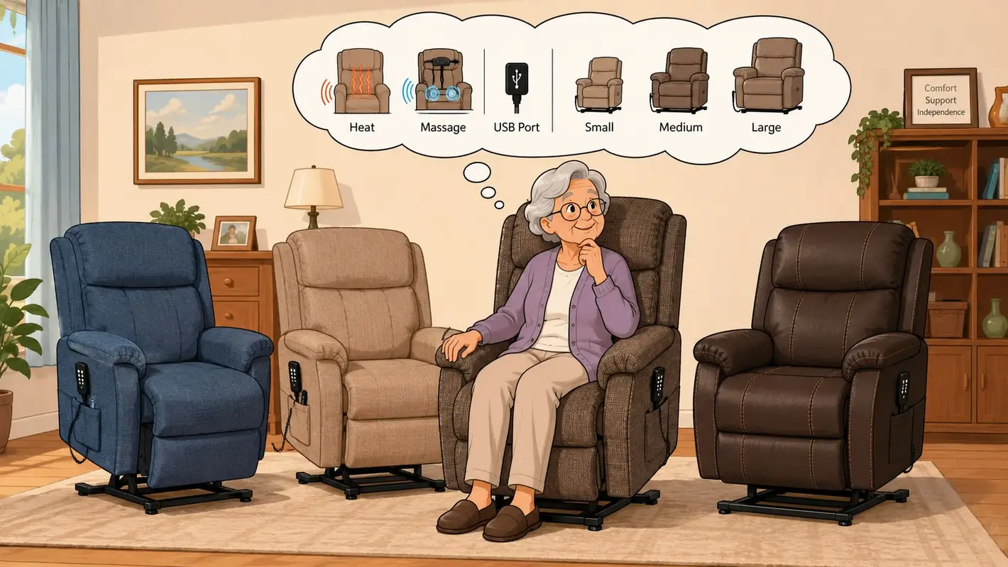 An elderly woman sits in a power lift recliner chair, considering features like heat, massage, and sizing options.