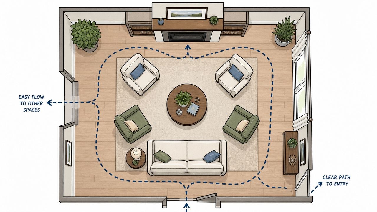 A top-down floor plan diagram illustrating optimal furniture placement in a cozy, symmetrical living room design.