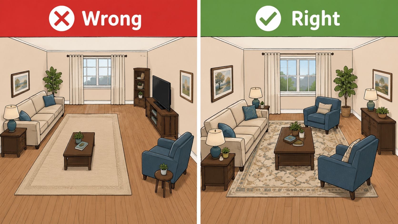 A side-by-side comparison illustrating incorrect and correct furniture arrangement for a comfortable living room layout.