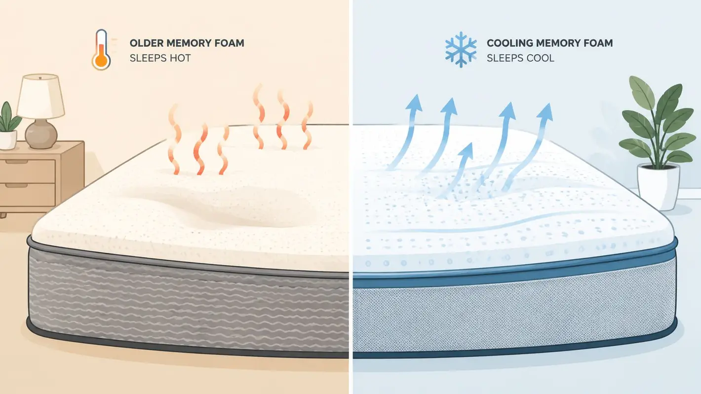 A split image comparing traditional memory foam that traps heat against modern cooling memory foam mattress technology.