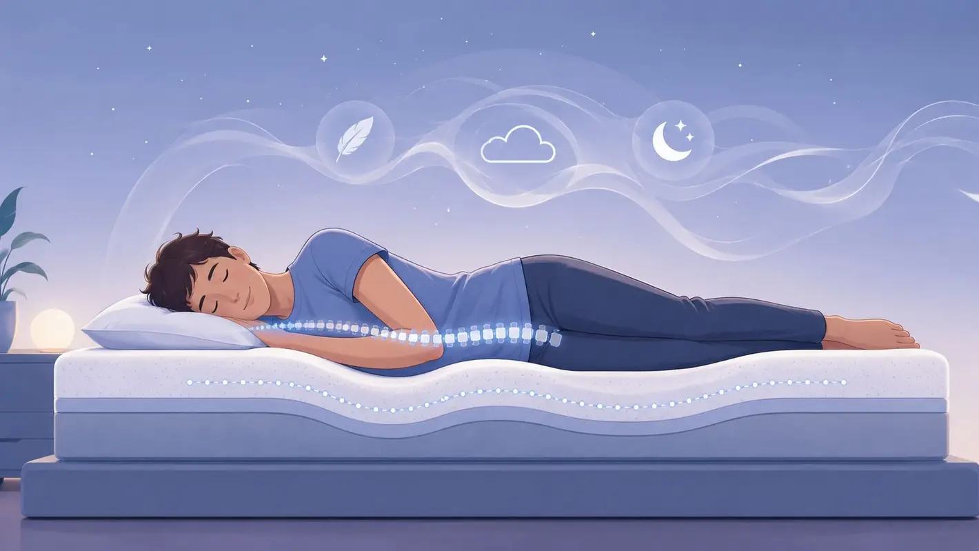 A person sleeping soundly on a comfortable memory foam mattress that supports proper spinal alignment.