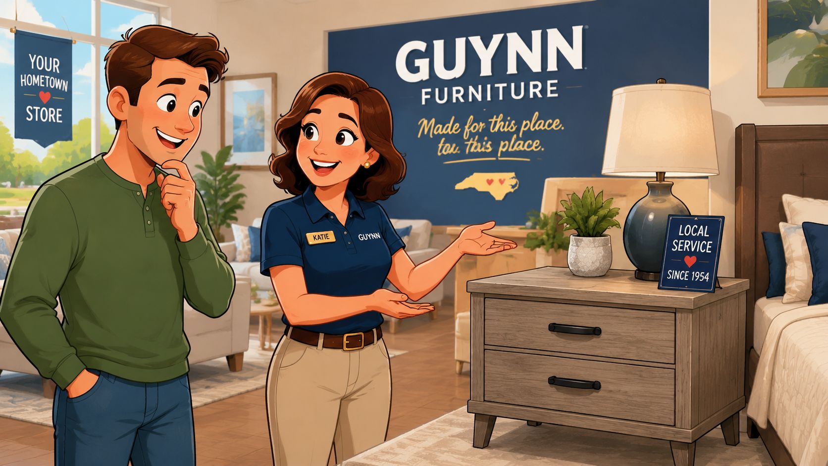 A friendly store associate assists a male customer in a furniture store near a wooden nightstand.