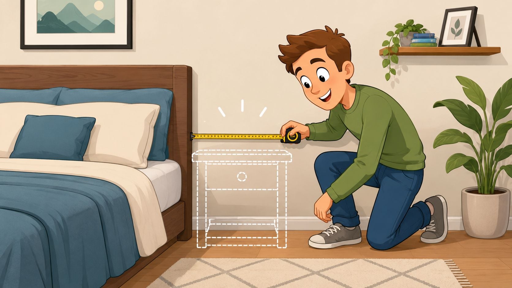 A young man kneeling on the floor measuring the space for a nightstand beside a bed.