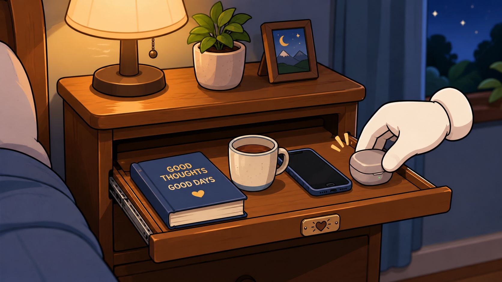 A hand placing a case on a pull-out wooden nightstand tray with a book, cup, and phone.