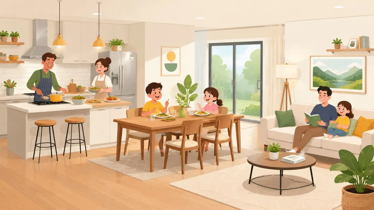 A happy family enjoys a modern open concept living room with a kitchen and dining area.