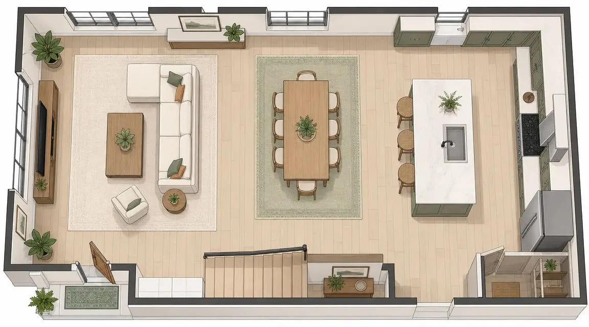 An aerial view of an open-concept home floor plan featuring a living room, dining area, and kitchen.