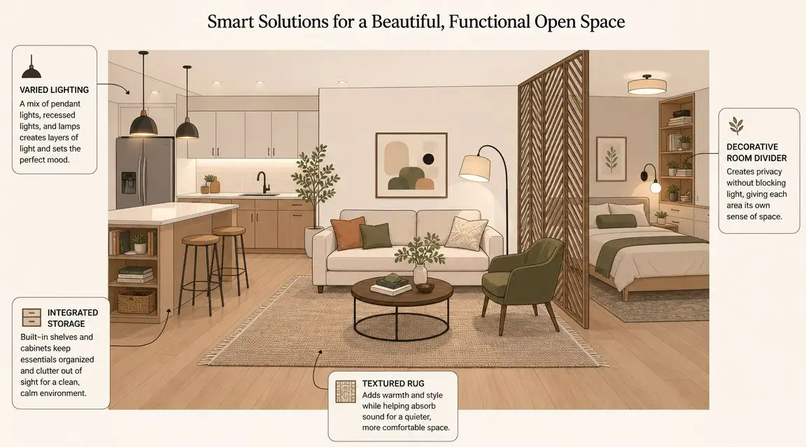 A modern open concept living room and bedroom featuring integrated storage, varied lighting, and a decorative room divider.