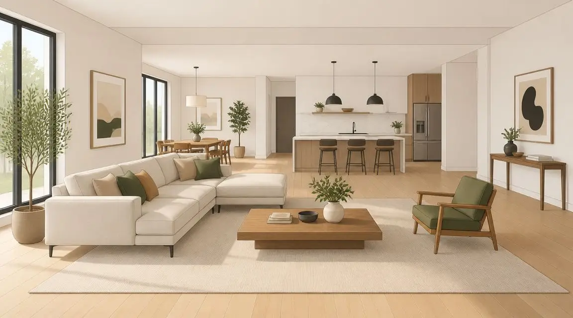 A modern open concept living room featuring a cream sectional sofa, wooden coffee table, and an attached kitchen.