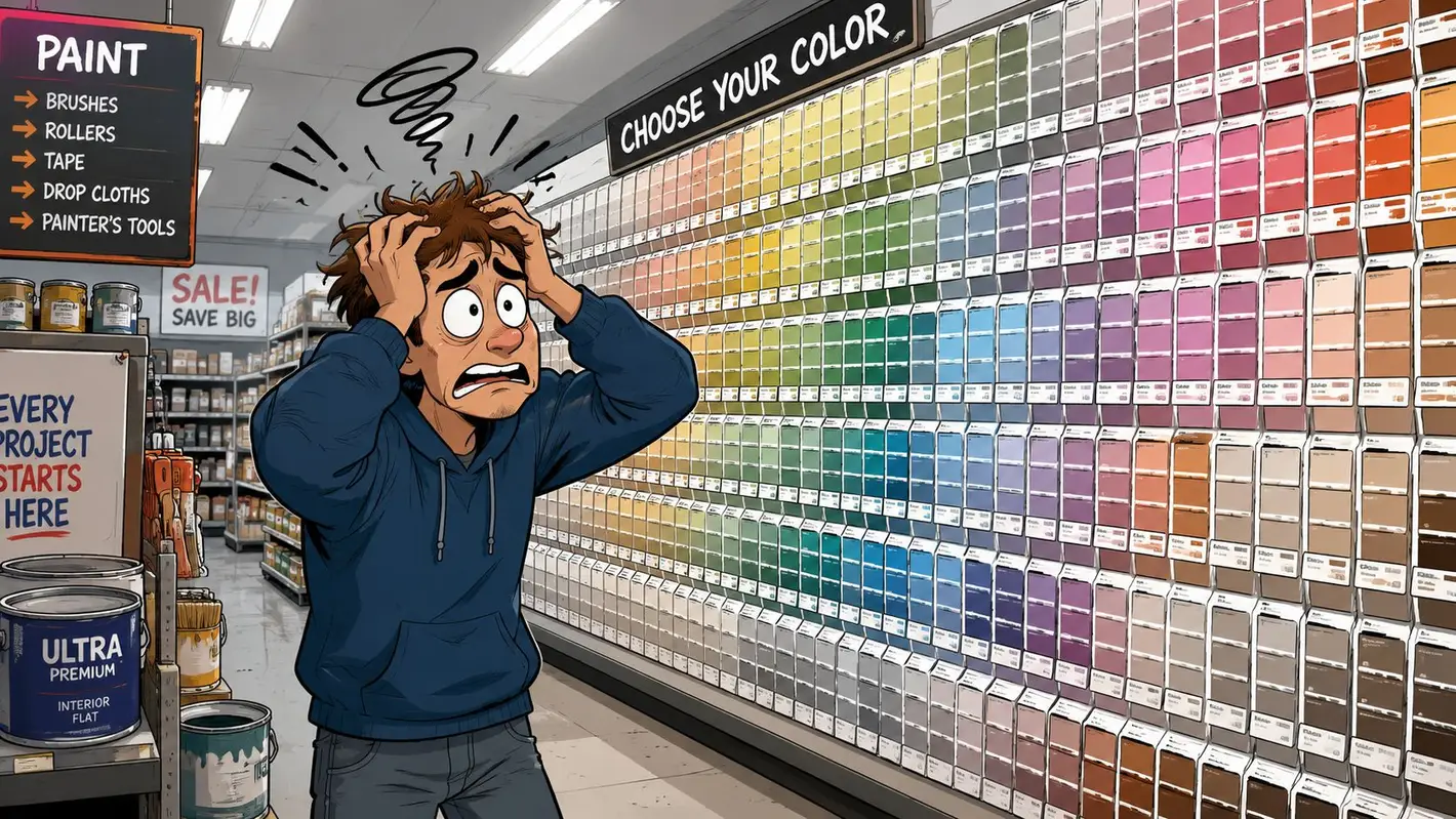 A distressed person feeling overwhelmed while standing before an extensive wall of paint color swatches in store.