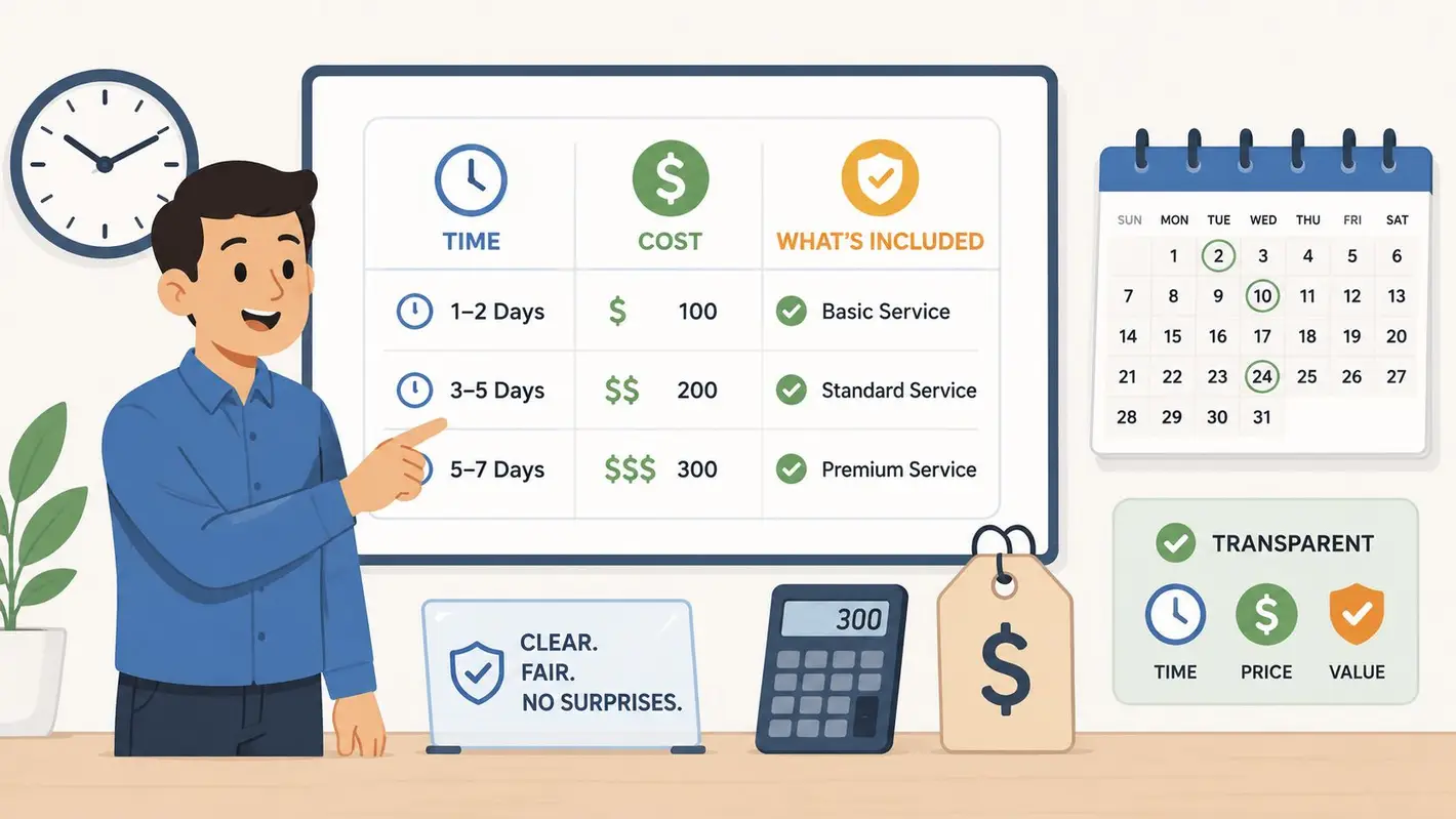 A professional man pointing to a chart explaining service tiers, pricing, and project timelines for clients.