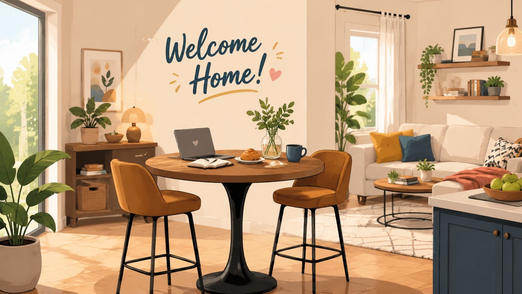 A warm and inviting dining area featuring a pedestal counter height table, chairs, and cozy home decor.