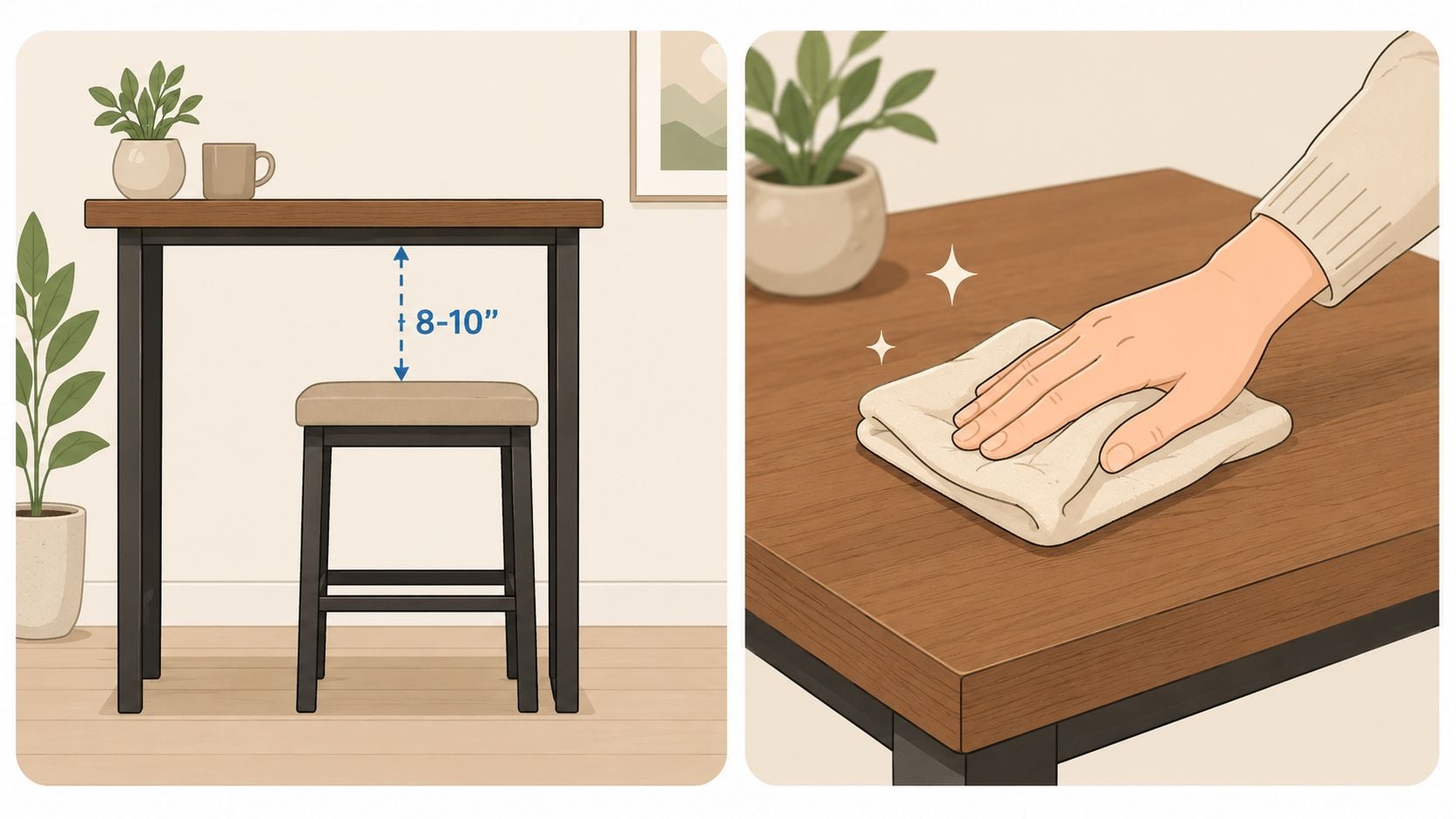 An illustration showing the ideal clearance distance between a counter height table and stool plus maintenance.