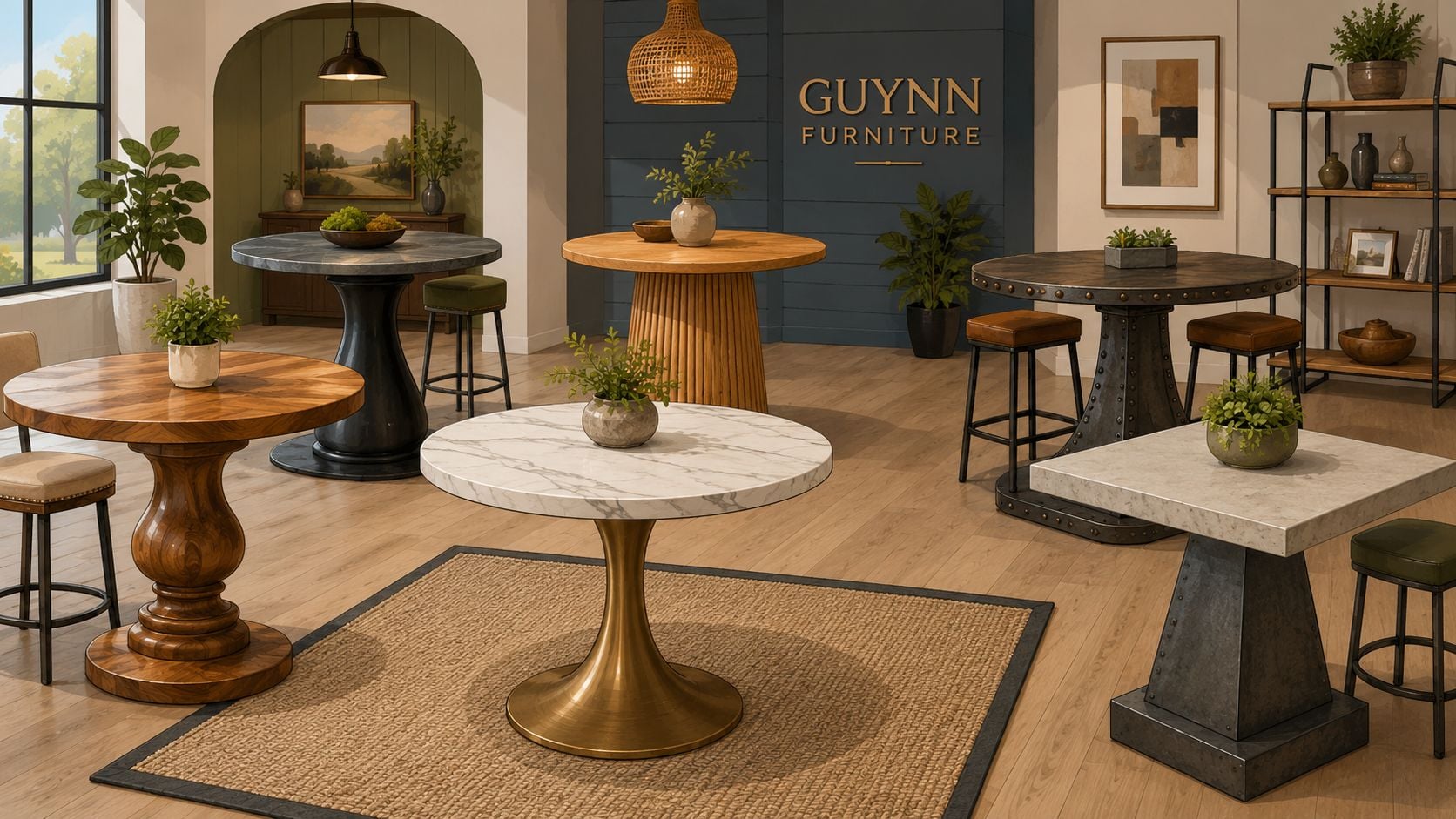 A modern furniture showroom displaying a variety of stylish pedestal counter height tables on a wooden floor.