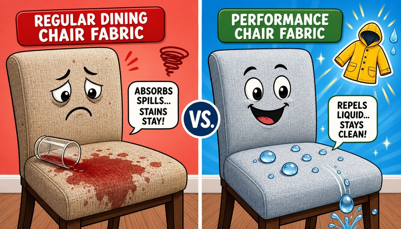A comparison between a stained regular dining chair fabric and a clean water-repellent performance chair fabric.