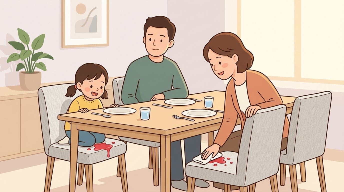 A family cleaning a spill on their stain-resistant performance fabric dining chairs in a bright kitchen.