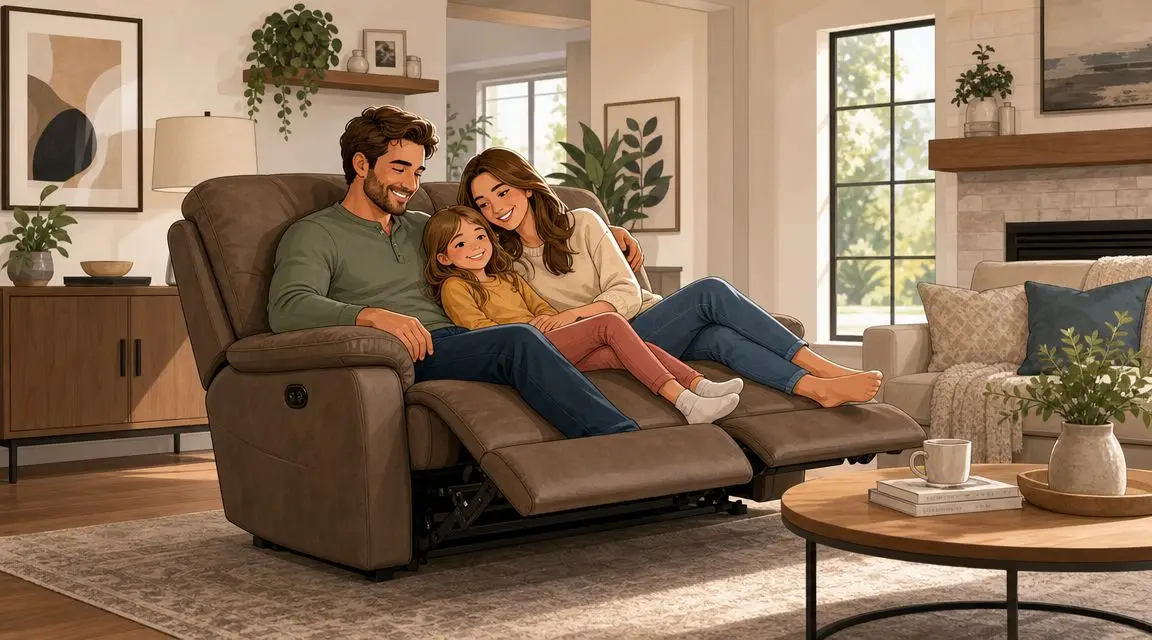 A smiling family of three sitting together on a comfortable, stylish brown leather reclining sofa in a living room.