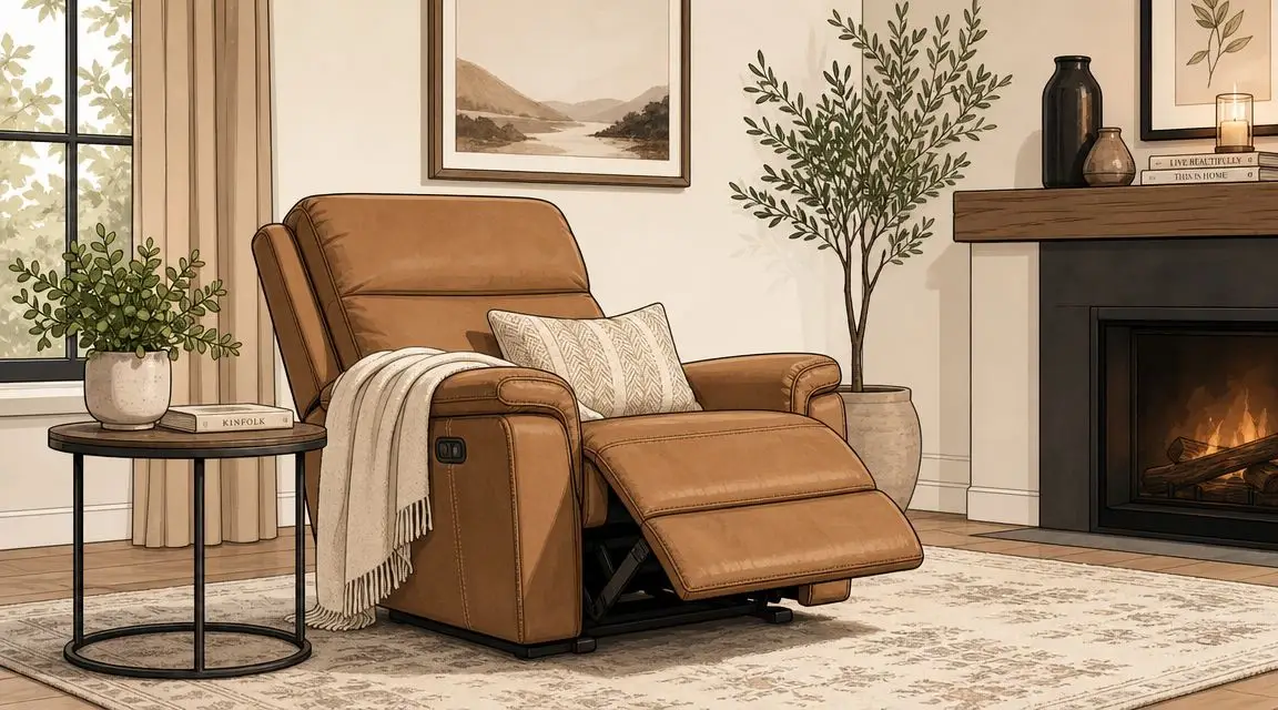 A stylish tan leather recliner chair placed next to a side table and fireplace in a cozy living room.