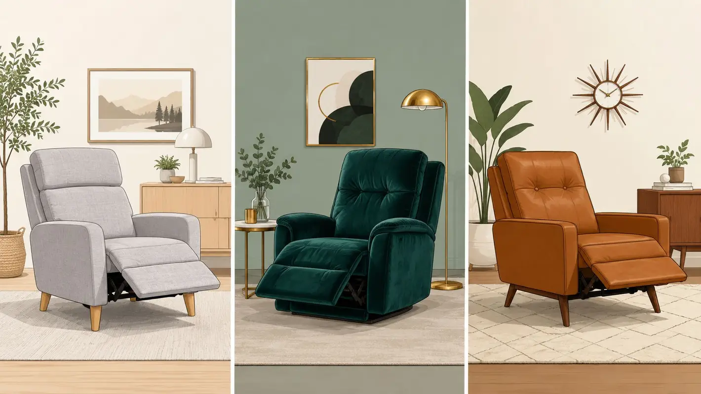 Three stylish recliner chairs in fabric, velvet, and leather showcased in distinct modern living room interior settings.