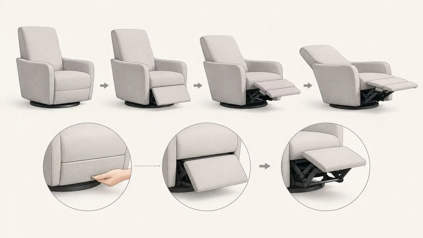 A diagram demonstrating the reclining mechanism of a modern swivel accent chair in several positions.