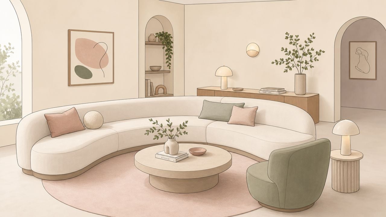 A modern curved white sectional sofa in a bright, minimalist living room with earthy neutral decor.
