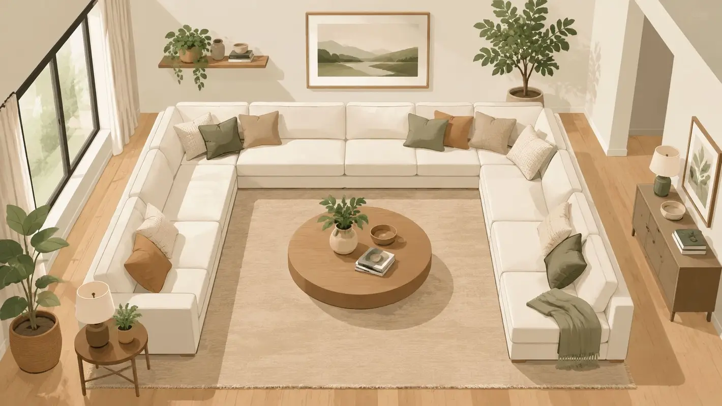 An aerial view of a large u-shaped cream sectional sofa in a modern minimalist living room.