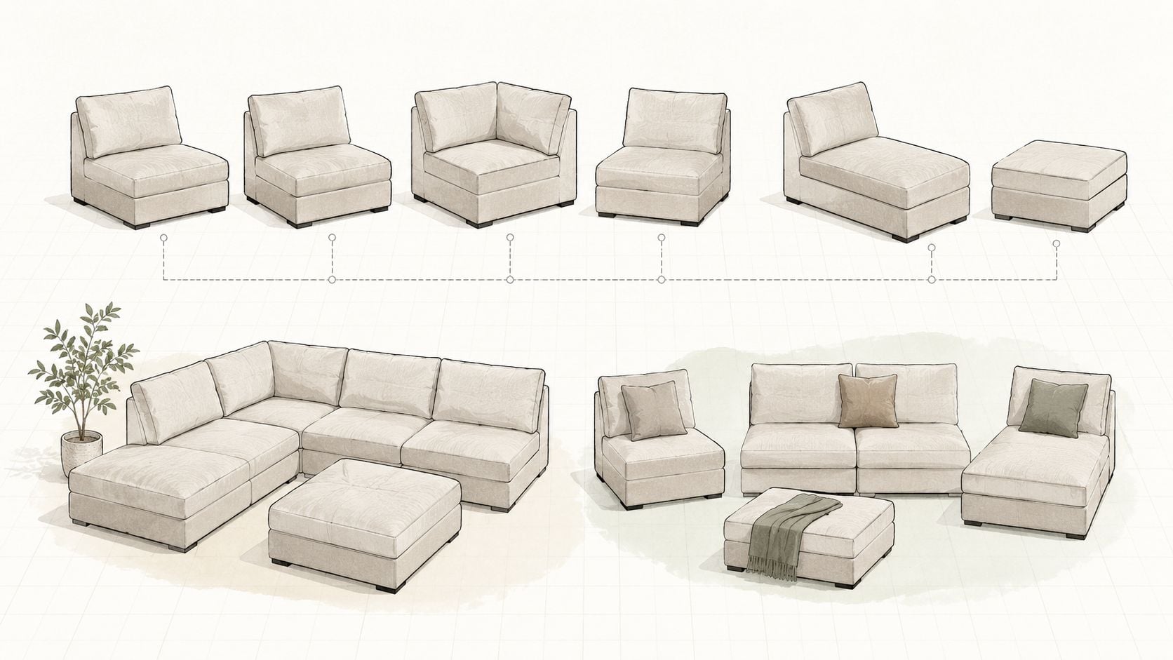 A diagram showcasing various modular furniture pieces and their potential sectional sofa arrangements for modern living spaces.