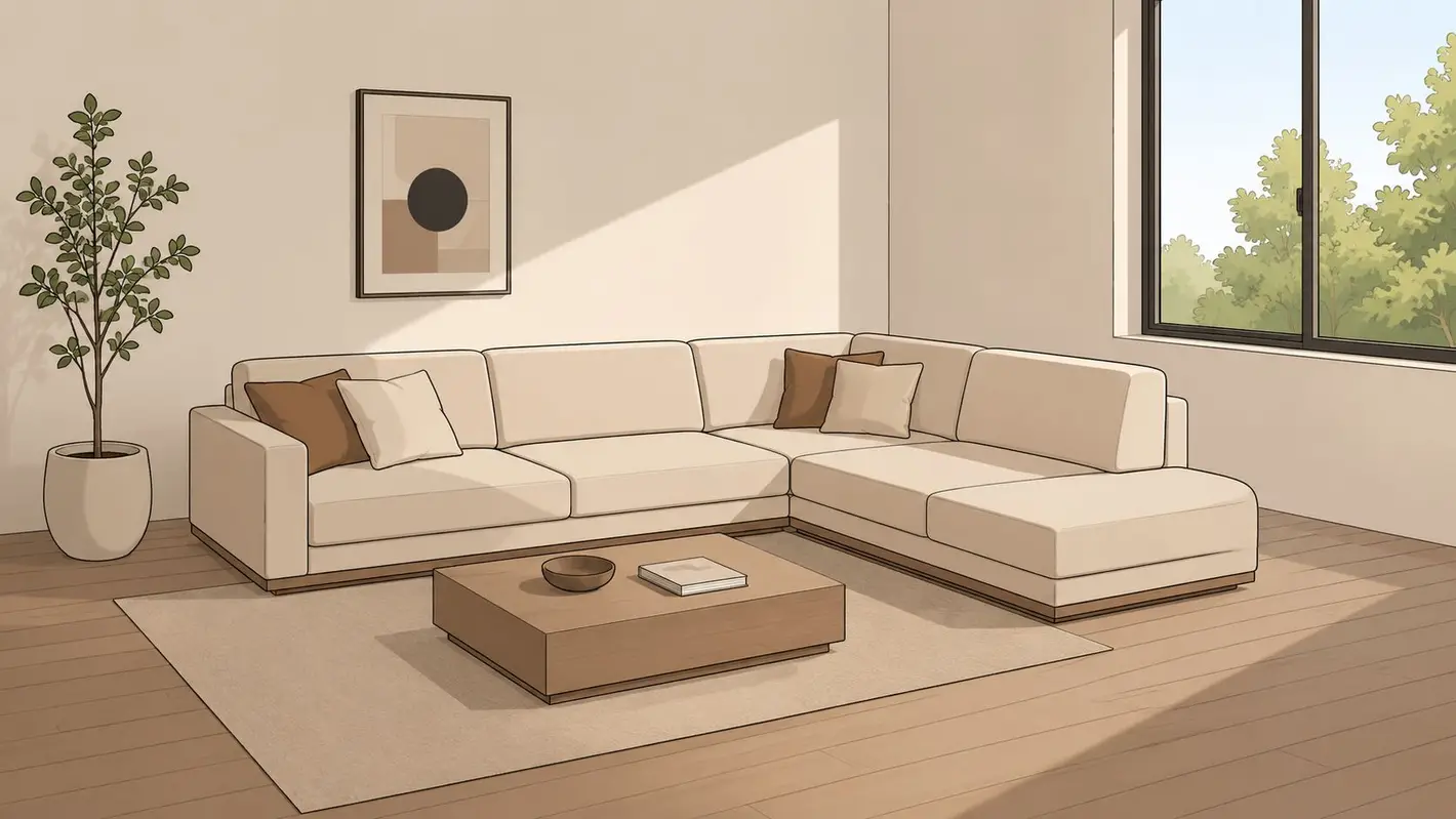 A modern beige sectional sofa with accent pillows arranged in a bright, minimalist living room interior.