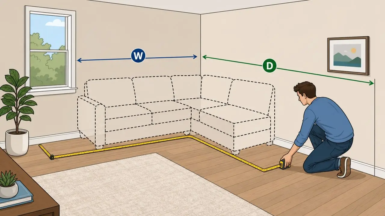 A person kneeling on a wooden floor, measuring a room's corner space for a new sectional sofa.