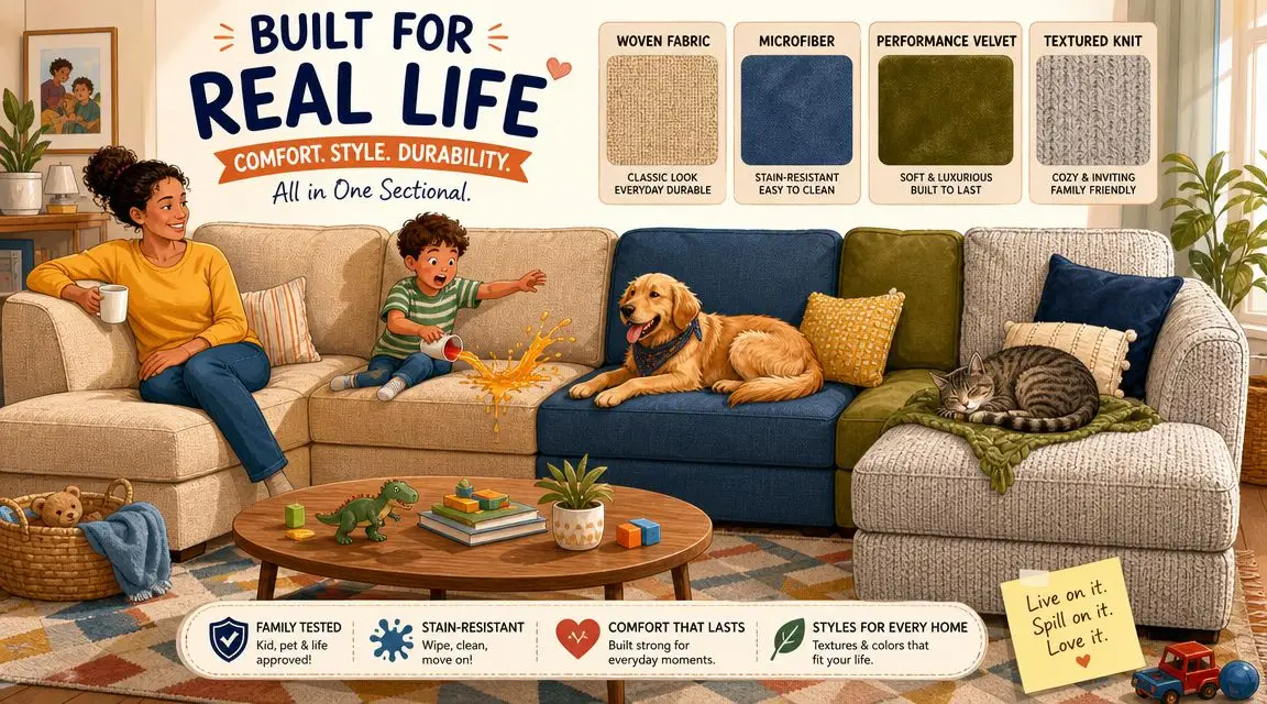 A happy family with a pet dog and cat enjoying a durable, stain-resistant sectional sofa in a living room.