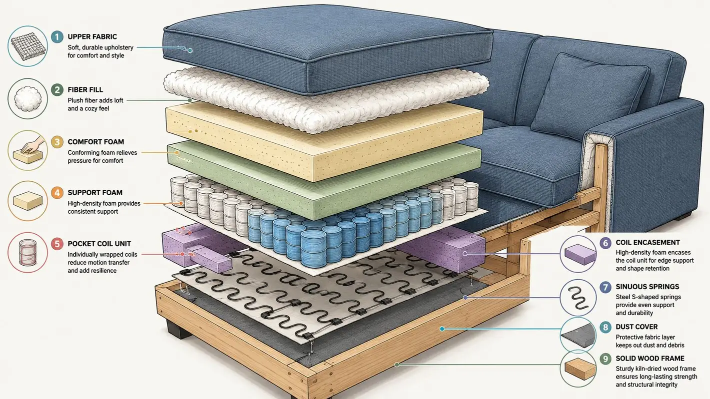 A detailed exploded view diagram of a sectional sofa showing nine distinct layers of internal construction materials.