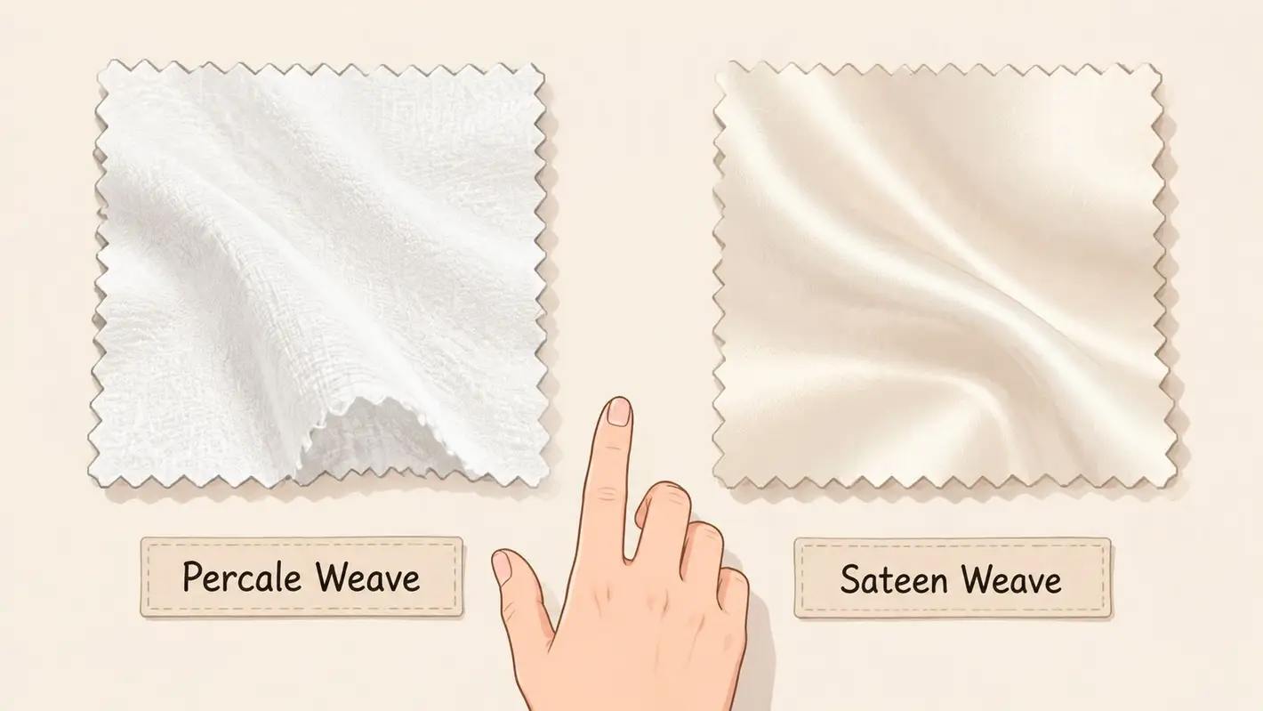 A comparison showing white percale weave and ivory sateen weave fabric swatches with a hand pointing.