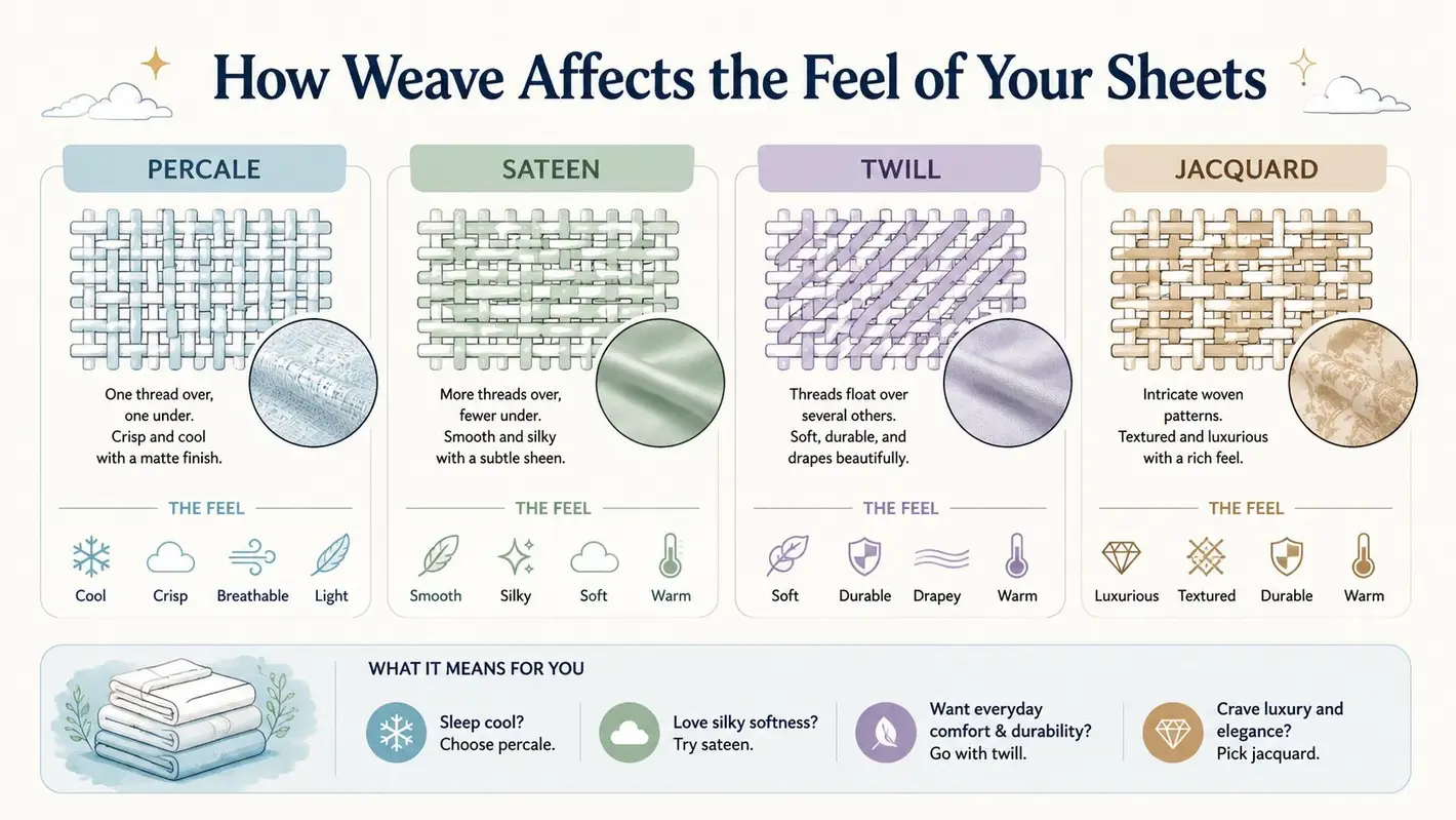 An educational infographic showing the differences in texture and feel between percale, sateen, twill, and jacquard sheet weaves.