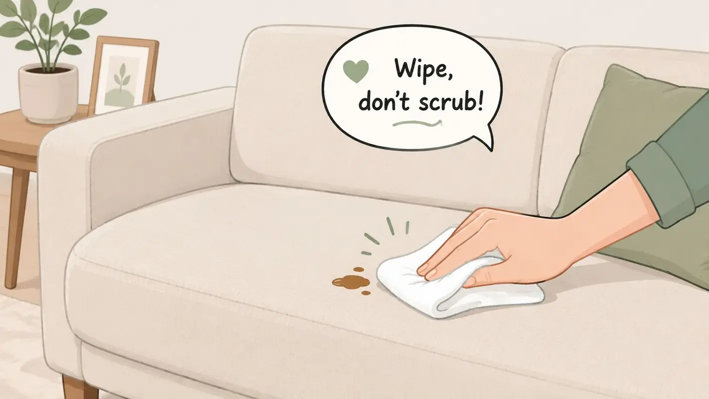 A hand gently wiping a liquid stain off beige upholstery fabric with a white cloth.