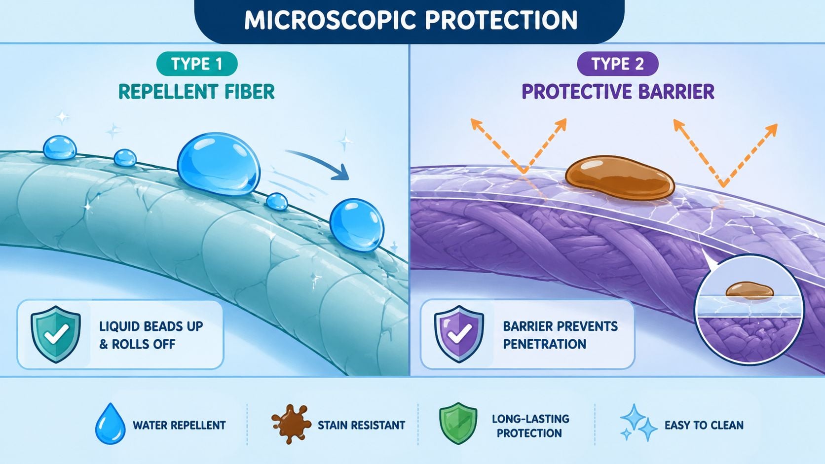An educational illustration comparing Type 1 repellent fiber and Type 2 protective barrier for fabric protection.