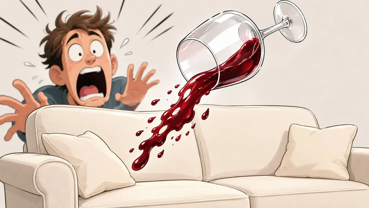 A panicked man watches red wine spill from a glass onto a clean cream colored couch.