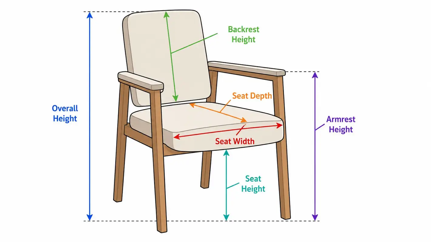 A diagram illustrating standard chair dimensions with labeled indicators for overall height, backrest height, seat depth, width, and armrest height.
