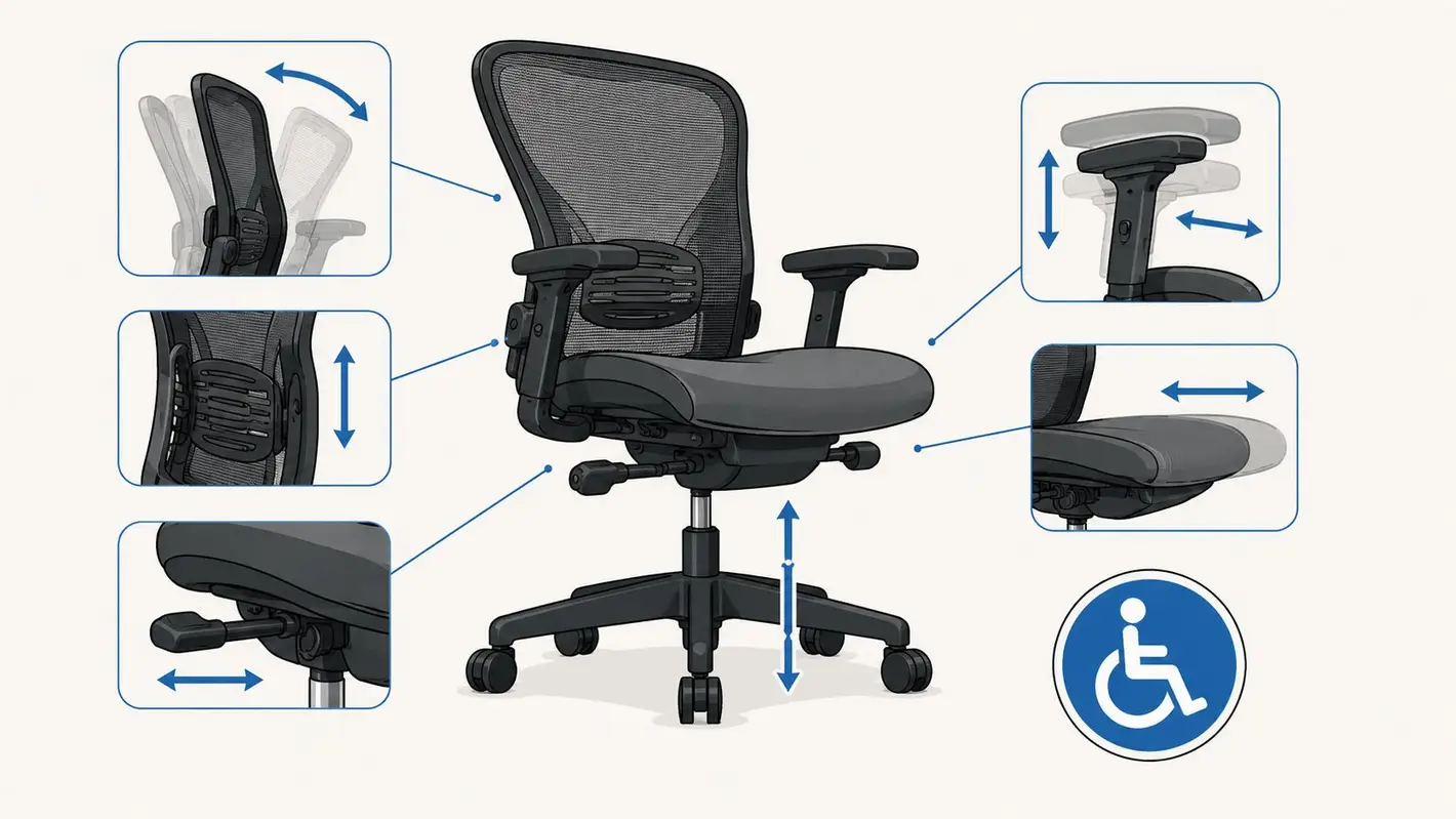 An ergonomic office chair showing various adjustable features like seat height, armrests, and lumbar support with a wheelchair icon.