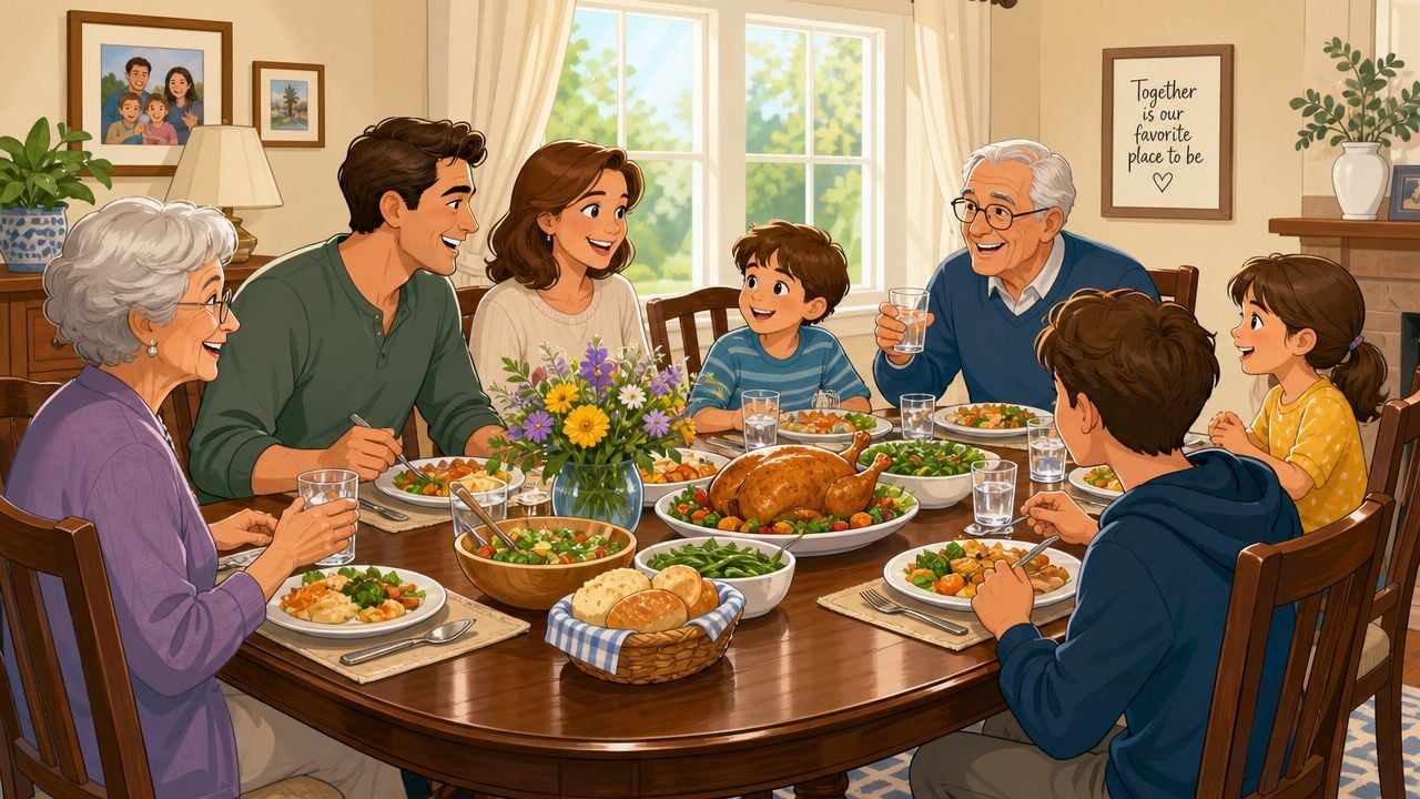 A happy multi-generational family sitting together around a transitional dining room table for a festive meal.