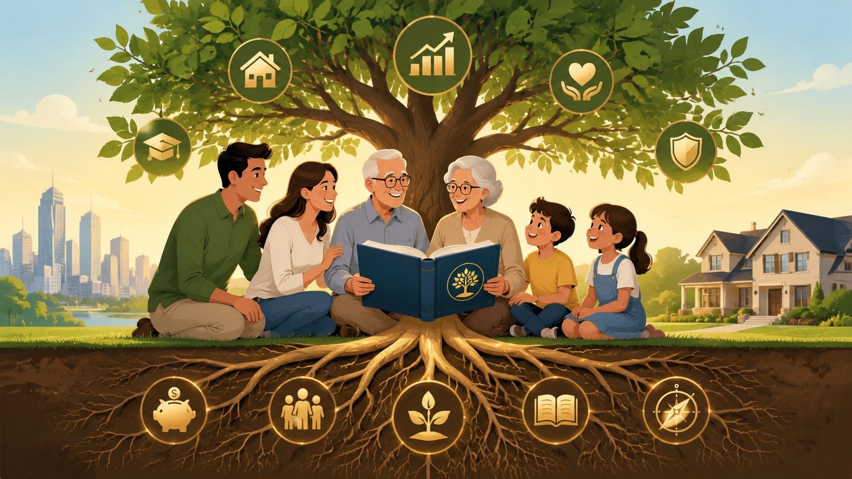 A multi-generational family sitting under a large tree with financial and life icons around them.