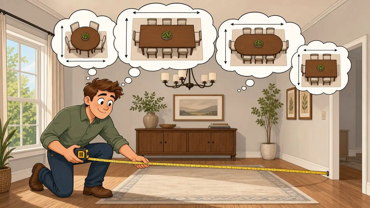 A man measuring a dining room rug while imagining different table and chair configurations for his home.