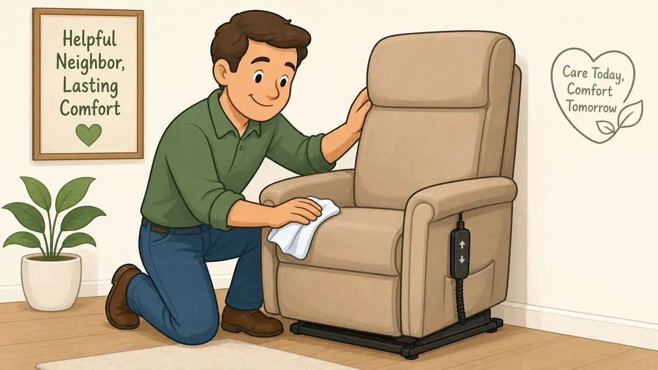 A friendly man kneeling and cleaning a beige power lift recliner chair in a cozy living room.