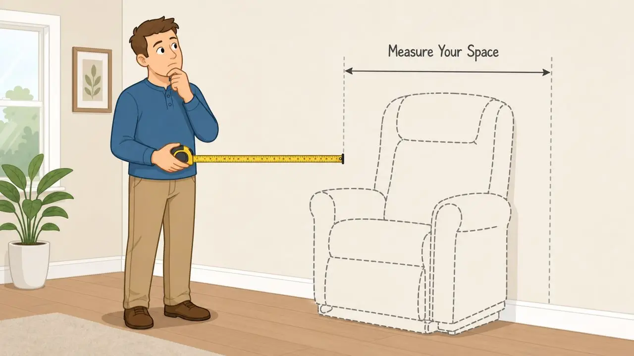 A man measuring the width of a wall hugger lift chair space with a yellow tape measure.