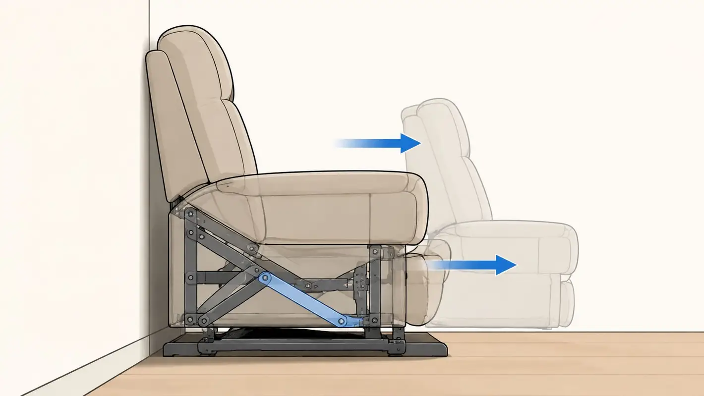 A diagram illustrating the mechanism of a wall hugger lift chair extending away from a wall.