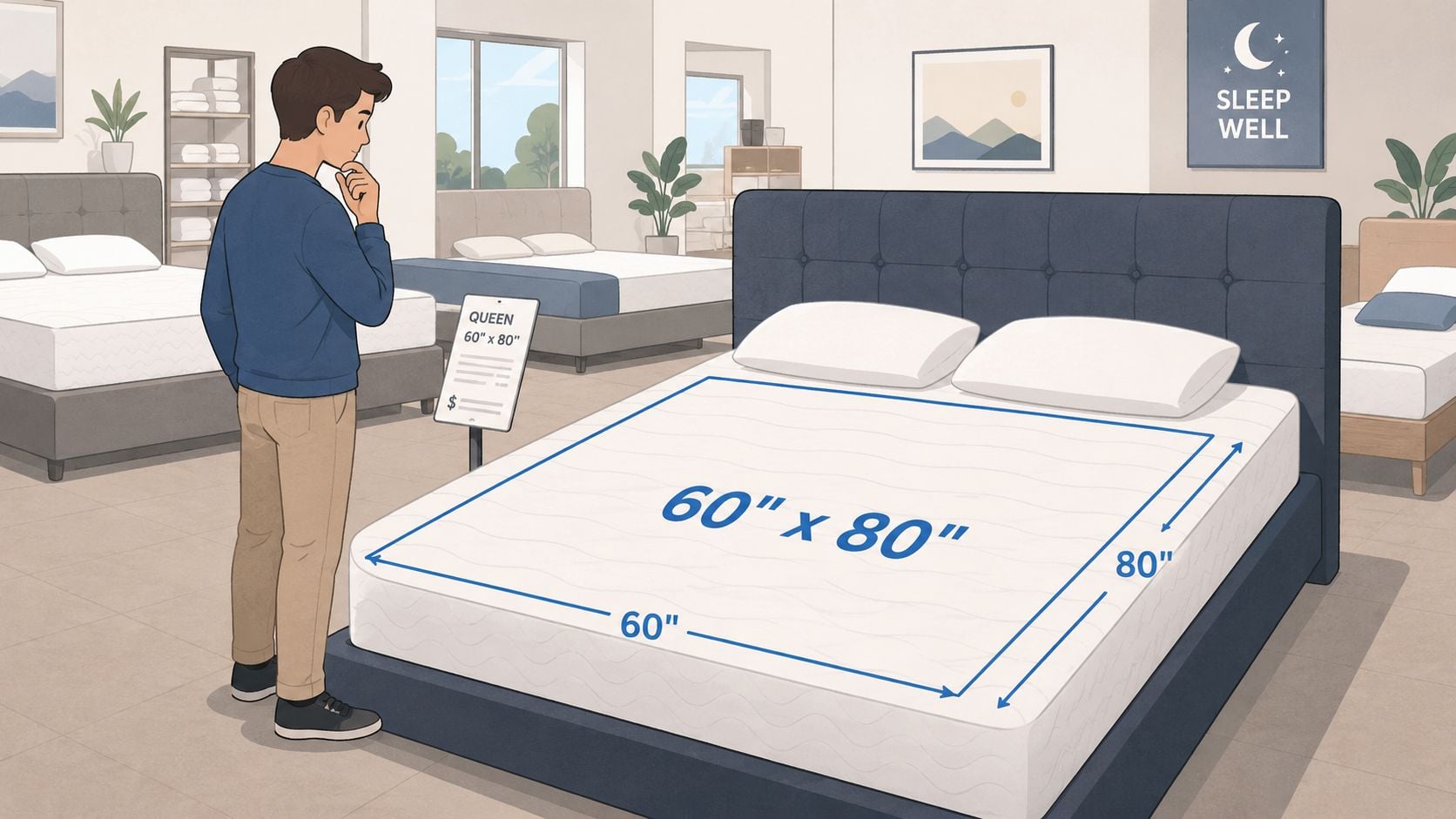 A man stands in a showroom looking at a queen size mattress measuring 60 by 80 inches.