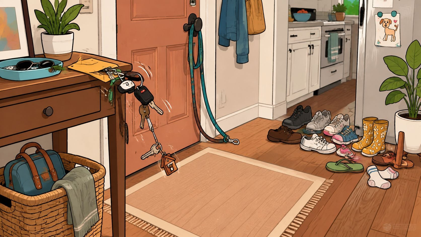 A cozy entryway featuring a wooden bench with basket storage, keys hanging on the edge, and various shoes.
